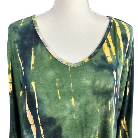 Ninedaily Top Women Sz XXL Green Yellow Rayon Stretch Asymetric Boho Artsy Tunic - Picture 5 of 11
